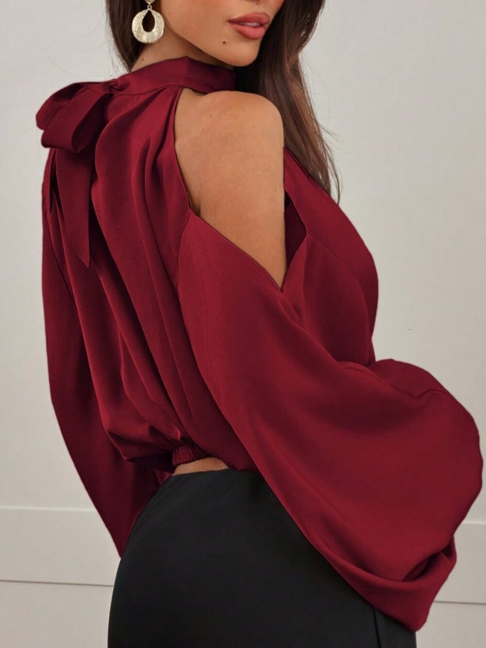 Burgundy Sexy Women's Long Sleeve Puff Sleeve Elegant Party Blouse - Picture 3 of 7